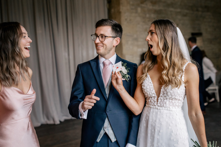 Richard Parsons magician in performs magic at a luxury intimate wedding for some newlyweds at Lapstone Barn Chipping Campden, Gloucestershire